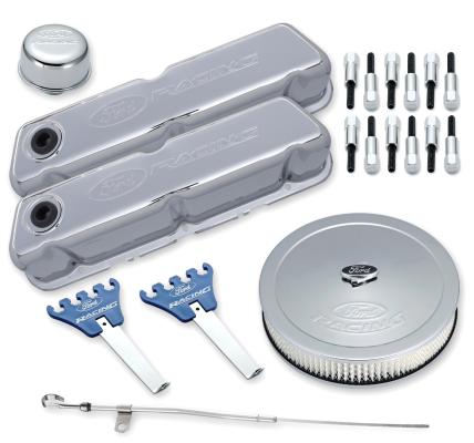 Engine Dress-Up Kit Chrome w/Embossed Ford Racing Logo Fits SB Ford Engines Stock Chrome Ford Racing