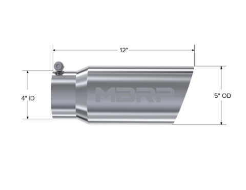 Exhaust Tail Pipe Tip 5 Inch O.D. Angled Single Walled 4 Inch Inlet 12 Inch Length T304 Stainless Steel MBRP